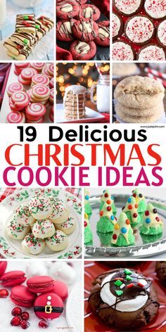 the cover of 19 delicious christmas cookie ideas, with images of cookies and desserts