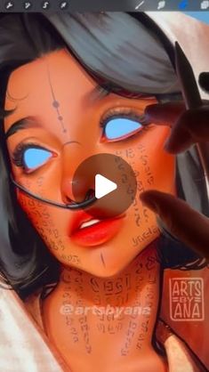 an animated image of a woman with blue eyes and writing on her face is shown