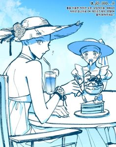 a drawing of two women sitting at a table with drinks in their hands and one woman wearing a blue hat