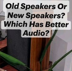 an old speaker is next to a plant with the words, old speakers or new speakers? which has better audio?