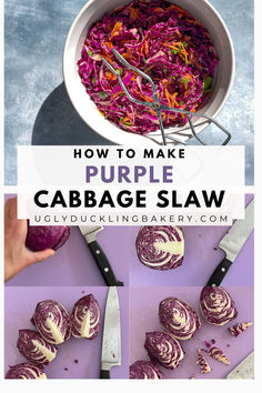 Two images with white bowl of purple coleslaw and a compilation of sliced purple cabbage images. The title reads, “How to Make Purple Cabbage Slaw” and the website, uglyducklingbakery.com is below. Cabbage Slaw No Mayo, Slaw No Mayo, Cabbage And Carrot Salad, Purple Recipes, Purple Cabbage Recipes, Peanut Butter Dressing, Purple Cabbage Slaw, Cabbage Coleslaw, How To Make Purple