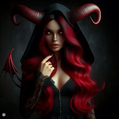 a woman with long red hair and horns on her head