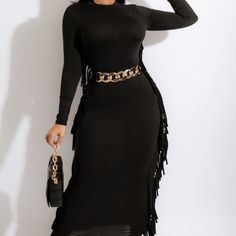 The Fringed Fitted Dress Is Snatching All Style Necks This Season! With An Extremely Comfortable And Sexy Fit, This Dress Is A Must Have In All Colors! Wear These To Your Holiday Gatherings Or Party To Make A Stylish Lasting Impression! True To Size Keyhole Double Button In The Back Pullover Polyester/ Spandex Mix (Soft Feel) Black Is Small-3x More Colors Available Black Fringe Dress For Club, Black Fringe Club Dress, Fitted Maxi Dress With Fringe For Night Out, Fitted Fringe Maxi Dress For Night Out, Black Maxi Dress With Fringe For Spring, Spring Black Maxi Dress With Fringe, Black Fringe Maxi Dress For Spring, Chic Black Midi Dress With Fringe, Peekaboo Dress