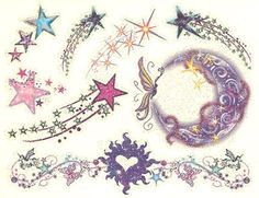 an image of stars and moon tattoos on white paper with blue, pink, purple and green colors