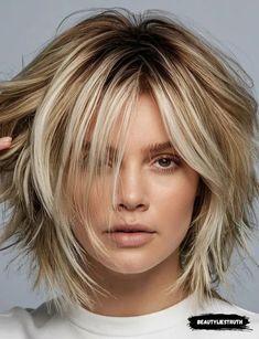 Layered Bobs For Fine Hair Medium, Medium To Short Length Hair With Layers, Women’s Hair With Bangs, Chin Length Hair 2024, Women’s Hairstyles With Bangs, Shaggy Haircuts Medium Messy Bob, One Length Short Hair, Shoulder Length Choppy Bob, Medium Length Stacked Bob