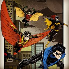 batman and robin wayne are flying through the air with their capes open in front of them