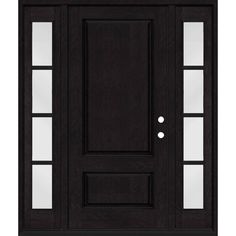 a black door with two glass panels and one side panel on the top half of it