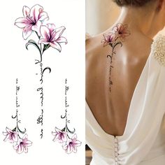 the back of a woman's neck with pink flowers on it and writing in chinese