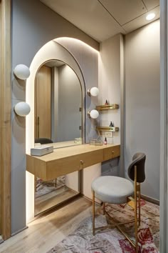 a dressing table with a mirror and stool next to it in a room that has carpet on the floor