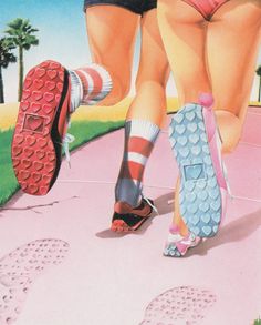 a painting of two people walking down a sidewalk with shoes on the ground and one person wearing socks