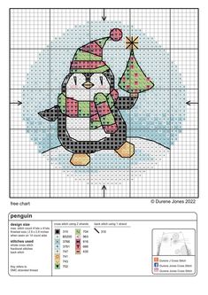 a cross stitch penguin with a christmas tree on it's back, and the pattern is