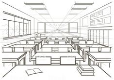 an outline drawing of a classroom with desks and chairs