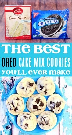 how to make oreo cake mix cookies on a blue plate with text overlay