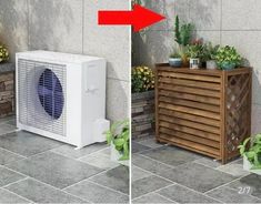 an air conditioner sitting on top of a tiled floor next to a planter