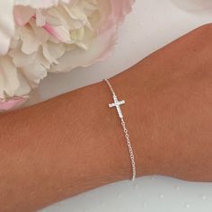 Silver Cross Jewelry, Unrealistic Wishlist, Bracelets Dainty, Cross Bracelets, Silver Cross Bracelet, Wrist Jewelry, Catholic Jewelry, Dainty Bracelet, Bridesmaid Bracelet