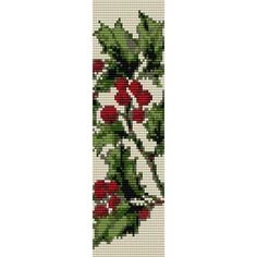 a cross stitch bookmark with red berries and green leaves