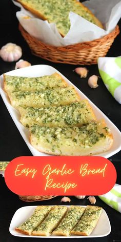 garlic bread recipe on white plates with red sign