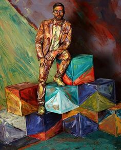 a painting of a man sitting on top of cubes in front of a colorful background