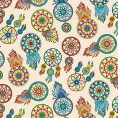 a colorful pattern with birds and wheels on it