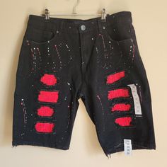 Waimea Men's Distressed Black Red Patch Paint Splatter Jeans Shorts Size 36 New With Tags *Non-Smoking/Lab Loving Home *All Reasonable Offers Accepted *Bundle Discounts Offered Feel Comfortable Purchasing From Me. I Am A Posh Ambassador With Same Day Shipping And A 5 Star Rating Trendy Red Distressed Bottoms, Casual Distressed Red Bottoms, Casual Red Distressed Bottoms, Casual Paint Splatter Bottoms For Summer, Paint Splatter Jeans, Red Patch, Star Rating, Paint Splatter, Jeans Shorts