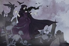 a drawing of a woman in a long black dress surrounded by skeletons and bats with her arms outstretched