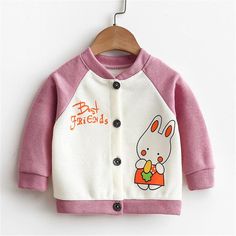 Rabbit Pattern Coat for Toddler Girl - PrettyKid Casual Cartoon Print Outerwear For Spring, Casual Outerwear With Cartoon Print For Spring, Pink Cartoon Print Outerwear For Fall, Pink Outerwear With Cartoon Print For Fall, Fall Pink Outerwear With Cartoon Print, Pink Winter Outerwear With Cartoon Print, Winter Pink Outerwear With Cartoon Print, Pink Long Sleeve Outerwear With Cartoon Print, Cute Cotton Outerwear For Playtime