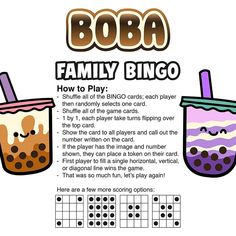 an advertisement for boba family bingo featuring two drinks and the words how to play