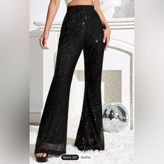 Brand New - Never Worn Black Sequin Flare Pants With Zipper! Fitted Around The Thighs And Then Flares At The Bottom. Size Small Sparkly Pants, Sequin Flare Pants, Taylor Swift Tour Outfits, Sequin Pants, Party Pants, High Waist Fashion, Flare Leg Pants, Black Sequins, Elegant Woman