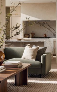 a living room filled with furniture next to a kitchen