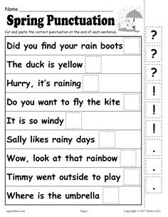 the worksheet for spring punculation is shown in black and white, with an