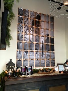 a fireplace mantle covered in pictures and decorations