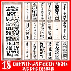 christmas porch signs with the words in different styles and designs on them, including snowflakes