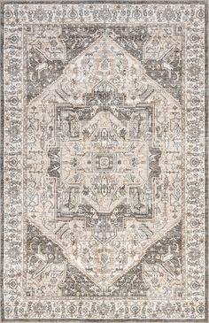 a beige and gray rug with an intricate design