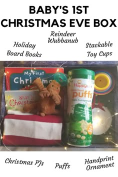 the baby's 1st christmas eve box is packed with toys, books and snacks