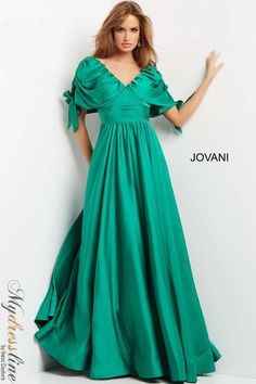 Indulge in elegance with the Jovani 07504 satin evening dress. 🌟 Embrace the pleated A-line silhouette, V-neck, and chic cape-style short sleeve for a truly luxurious look. Perfect for weddings, anniversaries, and special events, this dress ensures you arrive in style. Elegant Dresses Evening, A Line Evening Dress, Jovani Dresses, Evening Gowns Elegant, Long Sleeve Gown, Bridesmaid Dress, Flowing Skirt, Dress Images, A Line Gown