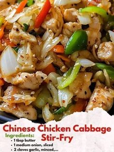 chinese chicken cabbage stir fry in a black bowl on a white napkin with the words, chinese chicken cabbage stir fry