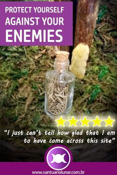 a bottle filled with wood shavings next to a tree stump and text that reads protect yourself against your enemes