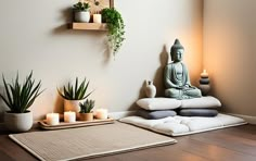 a buddha statue sitting on top of a wooden floor next to potted plants and candles