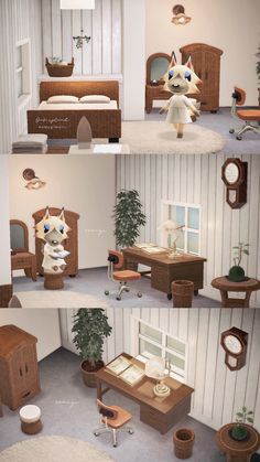 three pictures of different rooms with furniture and decorations in them, including a bed, desk, chair, mirror, planter