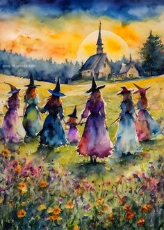 watercolor painting of four witches walking through a field at sunset with a church in the background