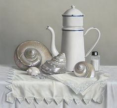 an oil painting of seashells and a teapot on a tablecloth with a white background