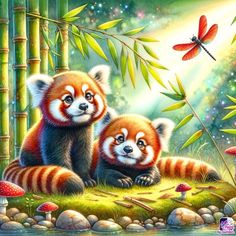 two red pandas sitting next to each other in front of bamboo trees and mushrooms