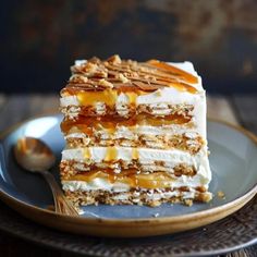 a piece of cake sitting on top of a blue plate