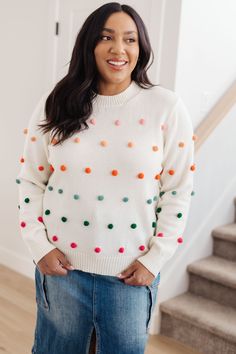 This Candy Buttons sweater features a cozy knit with rainbow-hued pom pom details for a unique look. The round neckline and long sleeves provide a comfortable fit, while ribbed hems complete the design. Cozy and stylish–all in one! Sweater Knit Felted Pom Accents Ribbed Crew Neckline Ribbed Hem 42% Acrylic, 30% Polyester, 28% Polyamide True to Size S: Chest 40" Length 24"M: Chest 42" Length 25"L: Chest 44" Length 25"XL: Chest 48" Length 26"1XL: Chest 50" Length 27"2XL: Chest 51" Length 27"3XL: Chest 52" Length 28" Model Sabrina is wearing size SModel Kylie is wearing size 1XL Suggested Pairings: Octavia High Rise Control Top Skinny Jeans in Washed Black Ramona High Rise Rigid Magic Destroyed Straight Jeans Candy Buttons, Button Sweater, Detailed Sweater, Cozy Knit, Cozy Knits, Sweater Knit, Cardigan Jacket, White Kitchen, Denim Top