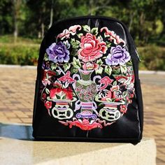 New National Style Embroidered backpack retro embroidered fashionable women's bag travel backpack canvas schoolbag Embroidered Rectangular Backpack For Travel, Rectangular Embroidered Travel Backpack, Embroidered Backpack For Travel, Rectangular Embroidered Backpack For Travel, Travel Backpack With Floral Embroidery, School Backpack With Floral Embroidery, Embroidered Travel Backpack, Black Embroidered Standard Backpack, Embroidered Black Travel Backpack