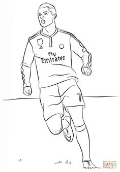 a drawing of a soccer player running with the ball in his hand, coloring page