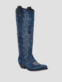 Ginnifer Knee High Denim Cowboy Boots | Guess US Denim Cowboy Boots, Tall Cowboy Boots, Denim Cowboy, Cute Nike Shoes, Cute Nikes, Cowboy Boot, Denim Details, Boot Shoes Women, Low Heels