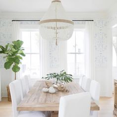 a dining room table with white chairs and a potted plant in the middle of it