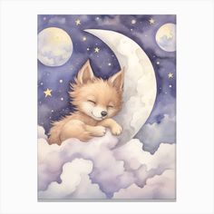 a painting of a dog sleeping on the moon with stars and clouds in the background