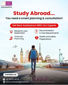 a man walking down a street with the words study abroad and get best assistance with our experts